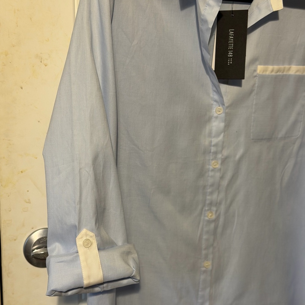 Lafayette 148 New York Pale Blue Micro Pinstripe Button Down Shirt Size M - Picture 2 of 8